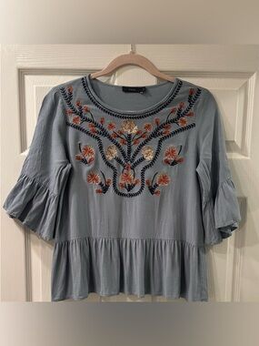 THML Slate Blue Ruffle-Hem Bell Sleeve Blouse